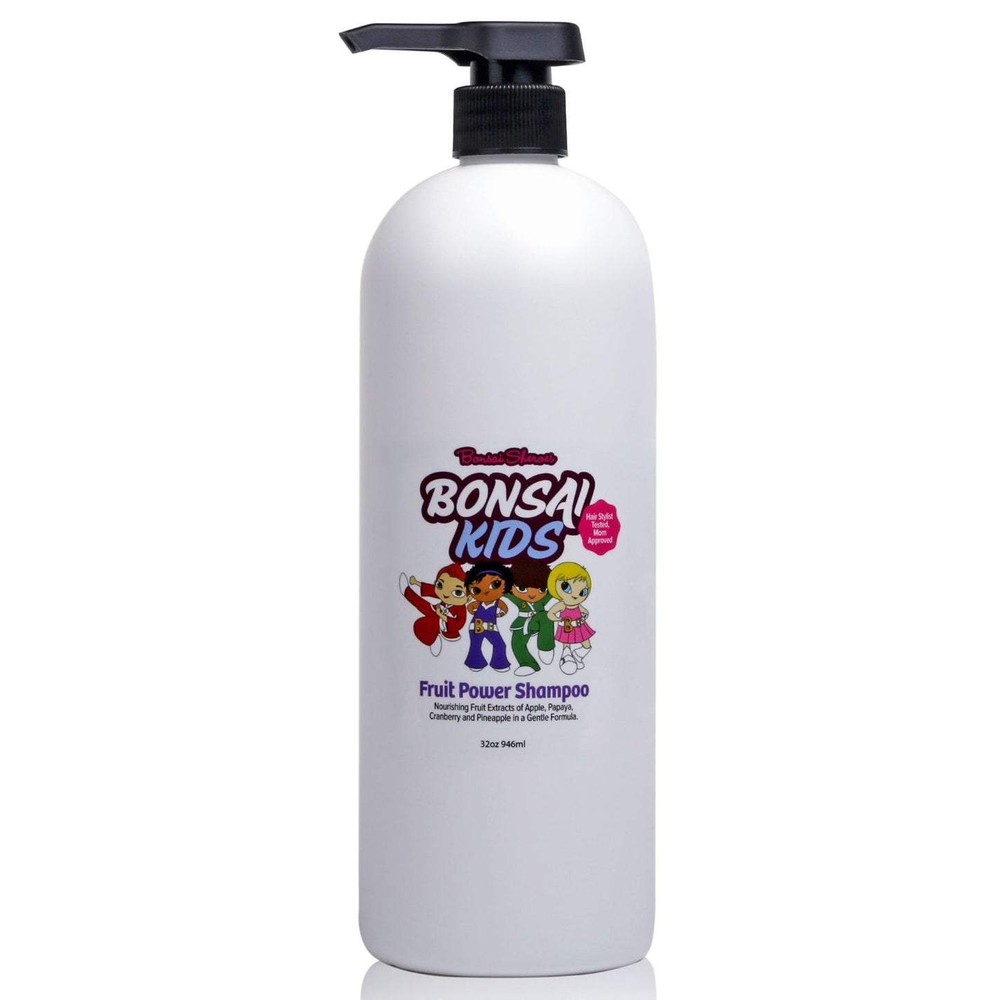 A bottle of Kids Shampoo featuring cartoon characters and text on the label.