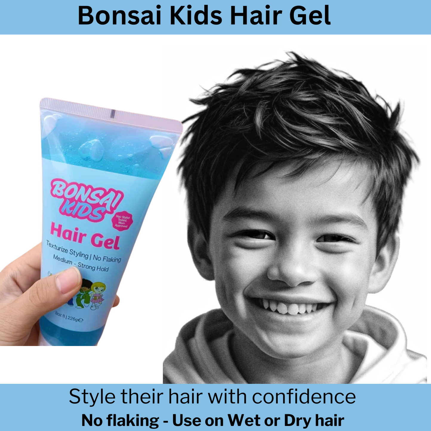 Hair Gel for Boys and Toddlers 8 oz of Strong Hold, No Flakes Long-Lasting Style