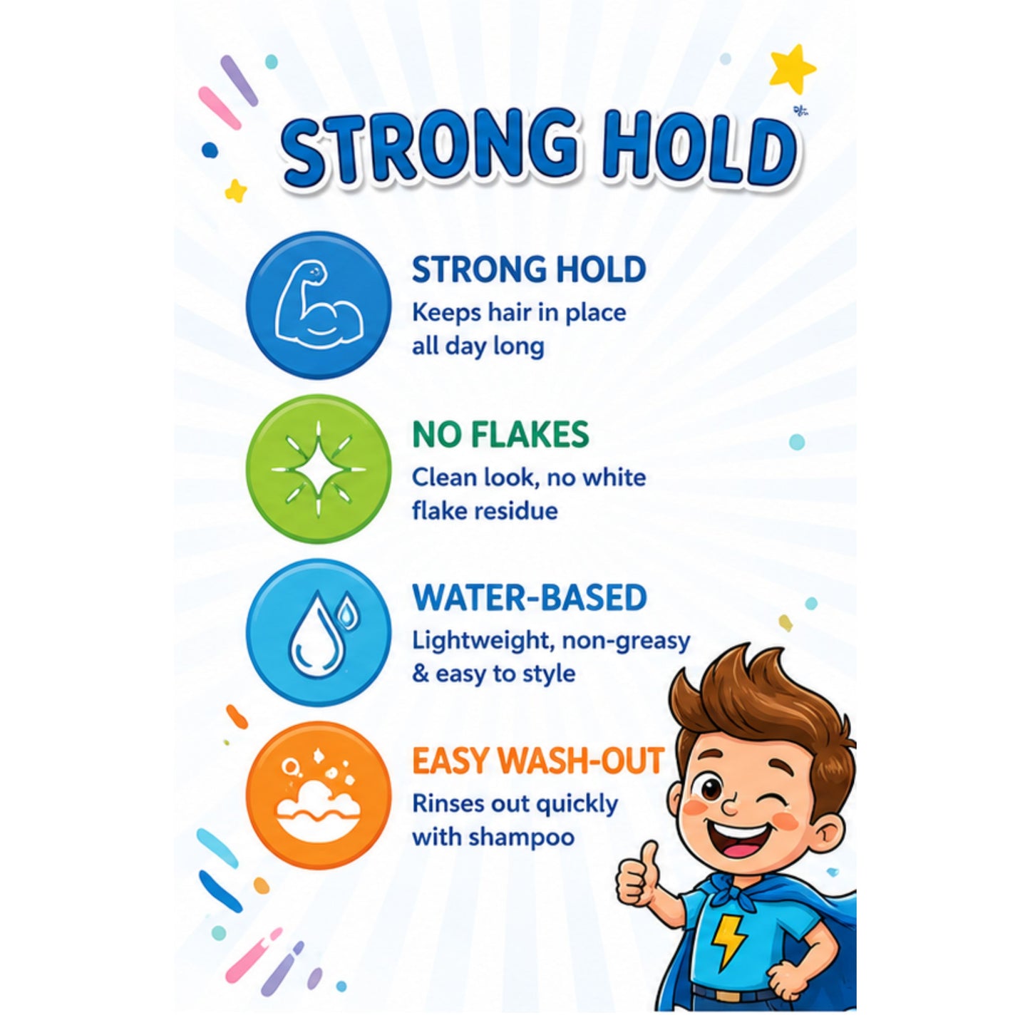 Higgy’s Kids Hair Gel Strong Hold 6oz – Water-Based Hair Styling Gel for Boys and Girls – Tames Flyaways, Non-Flaking, Easy Wash-Out Hair Gel for Toddlers and Kids