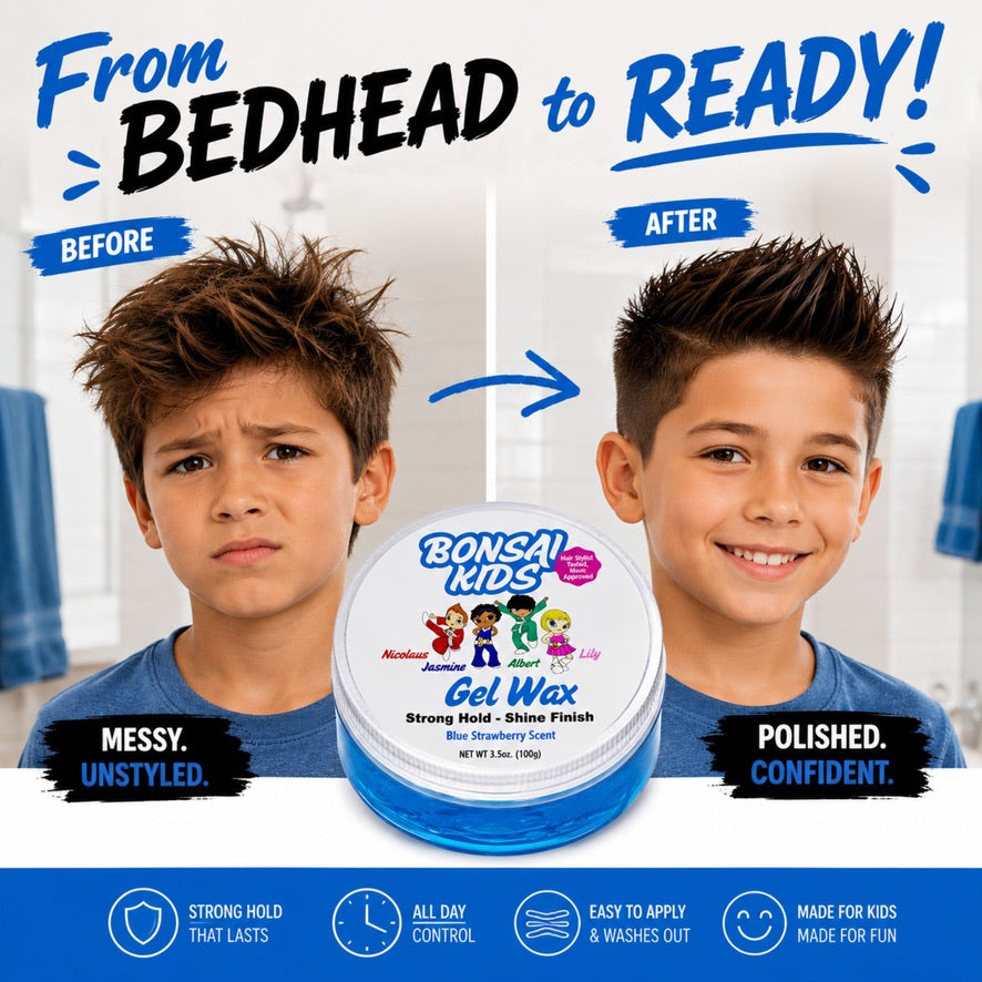 Bonsai Kids Boys Hair Gel Wax - Strong Hold for Toddlers & Kids, Tame Flyaways, Ponytails, Buns & All-Day Styles