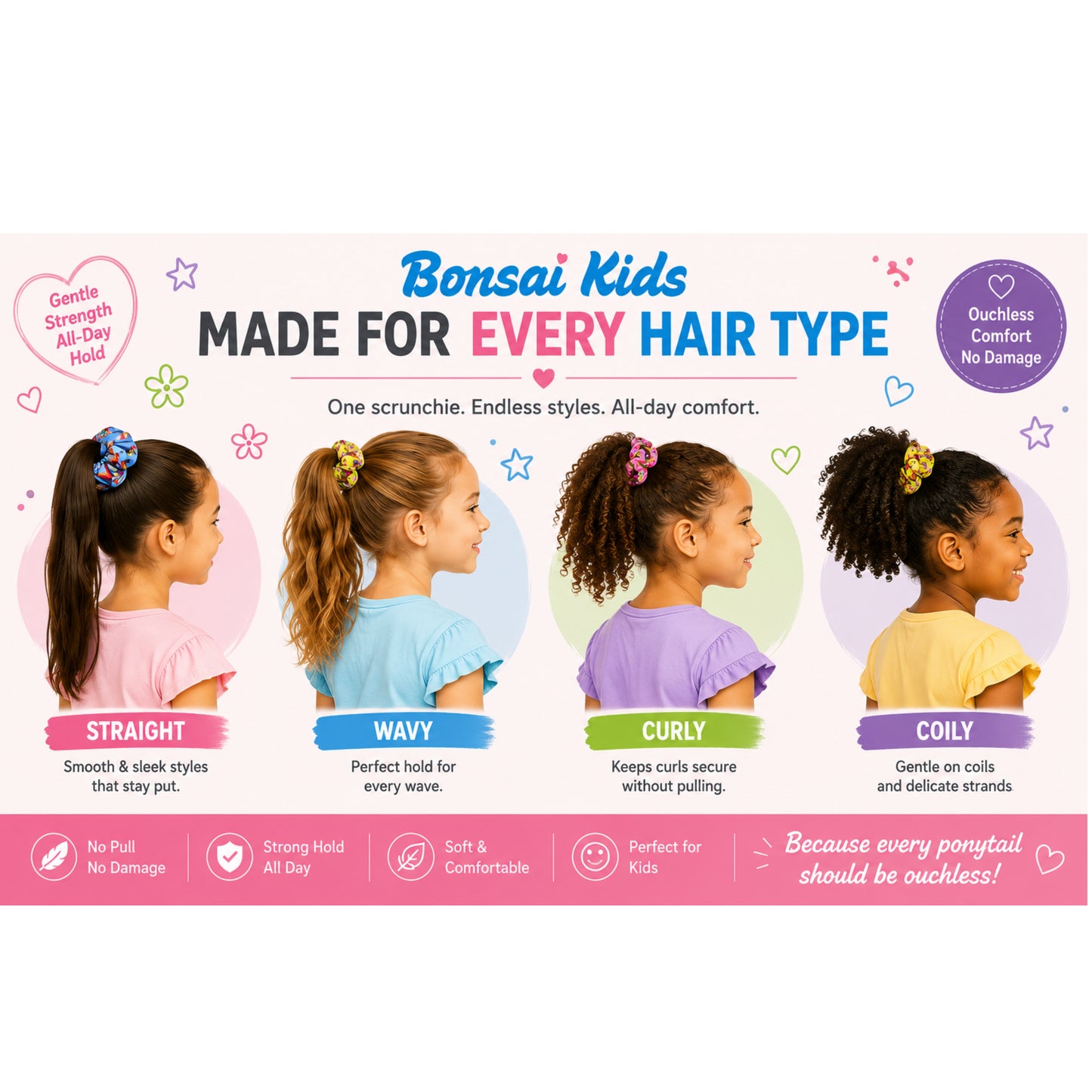 Bonsai Kids Girls Ouchless Scrunchies - 3 Pack No Damage Hair Ties for Toddlers & Kids - Gentle Elastic Ponytail Holders for Fine or Thick Hair - Soft Fabric Snag-Free Hair Accessories