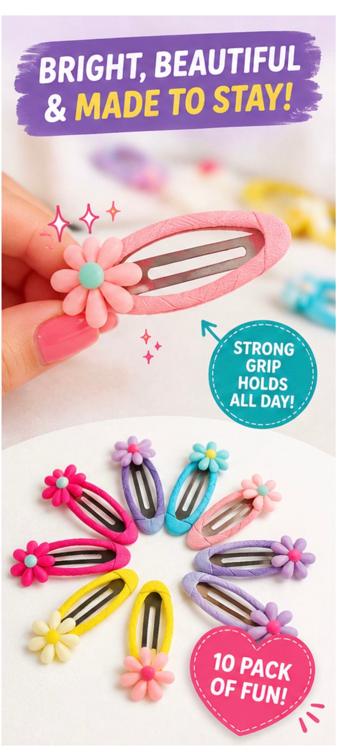 No Slip Snap Hair Clips for Girls 10 Pack - Colorful Flower Design Barrettes, Cute Non-Slip Metal Hair Accessories for Kids Toddlers, Teens Women