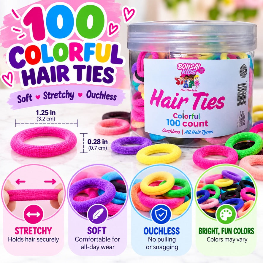 A clear plastic jar of Bonsei Kids colorful hair ties shown on a white background with promotional text and feature callouts. The product is a set of 100 soft, stretchy, and ouchless all-in-one hair ties in many bright colors.