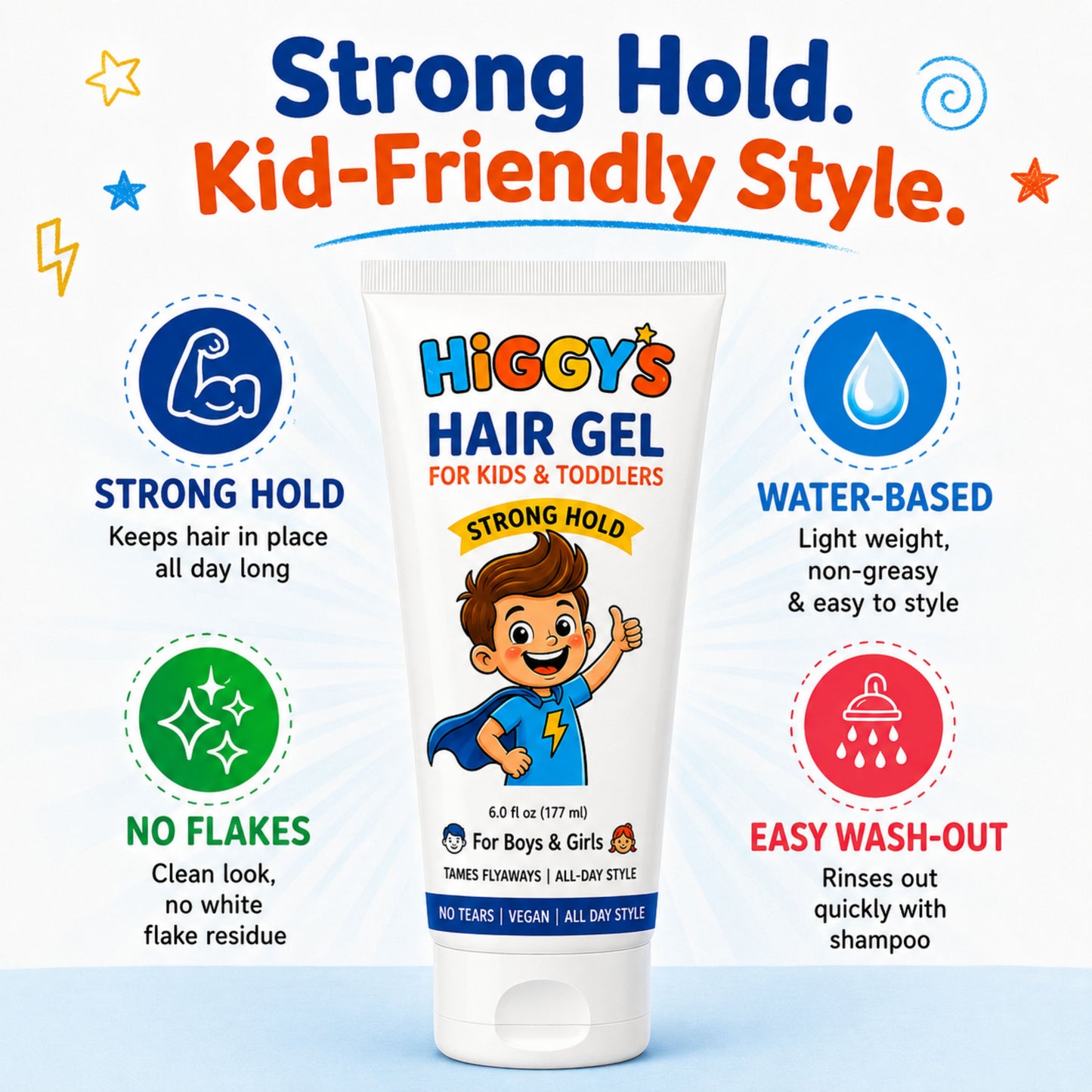 Higgy’s Kids Hair Gel Strong Hold 6oz – Water-Based Hair Styling Gel for Boys and Girls – Tames Flyaways, Non-Flaking, Easy Wash-Out Hair Gel for Toddlers and Kids