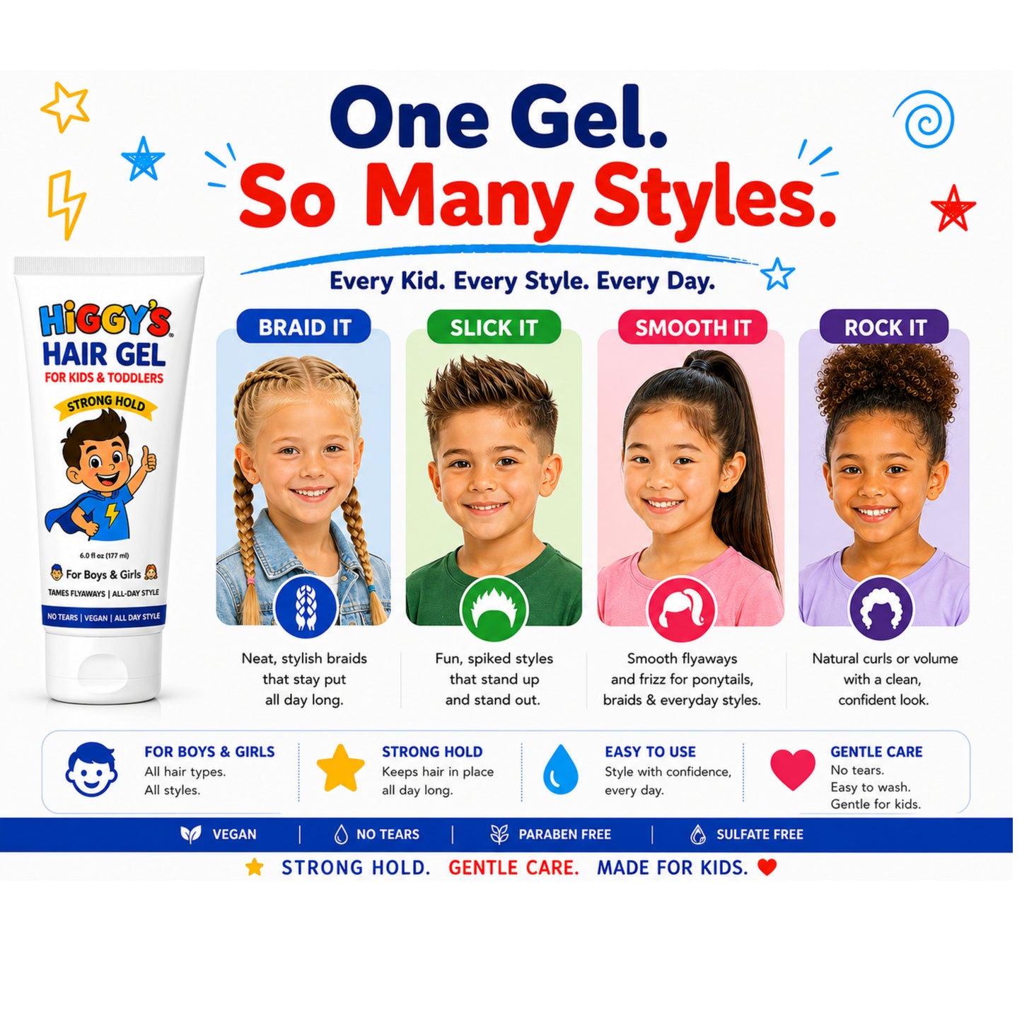 Higgy’s Kids Hair Gel Strong Hold 6oz – Water-Based Hair Styling Gel for Boys and Girls – Tames Flyaways, Non-Flaking, Easy Wash-Out Hair Gel for Toddlers and Kids