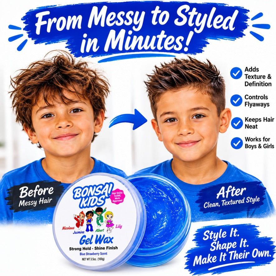 Bonsai Kids Boys Hair Gel Wax - Strong Hold for Toddlers & Kids, Tame Flyaways, Ponytails, Buns & All-Day Styles