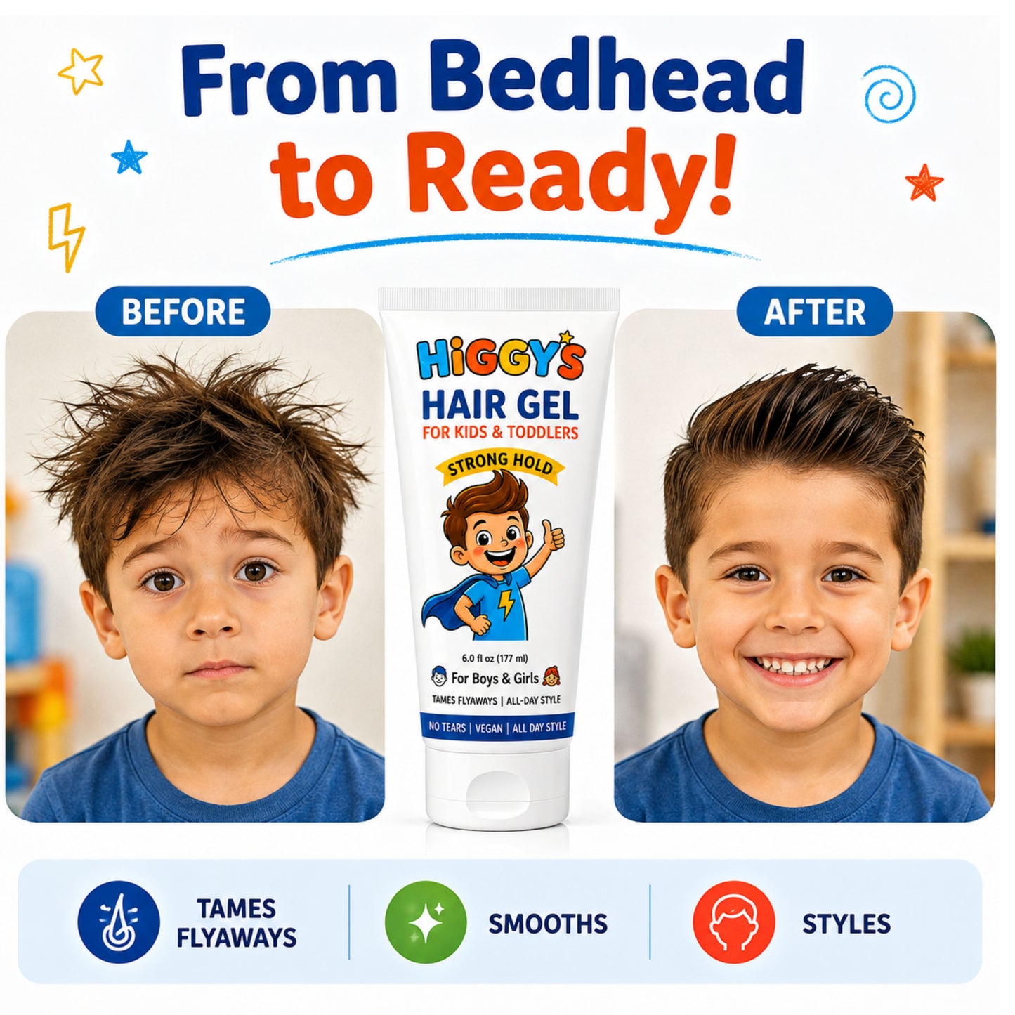 Higgy’s Kids Hair Gel Strong Hold 6oz – Water-Based Hair Styling Gel for Boys and Girls – Tames Flyaways, Non-Flaking, Easy Wash-Out Hair Gel for Toddlers and Kids
