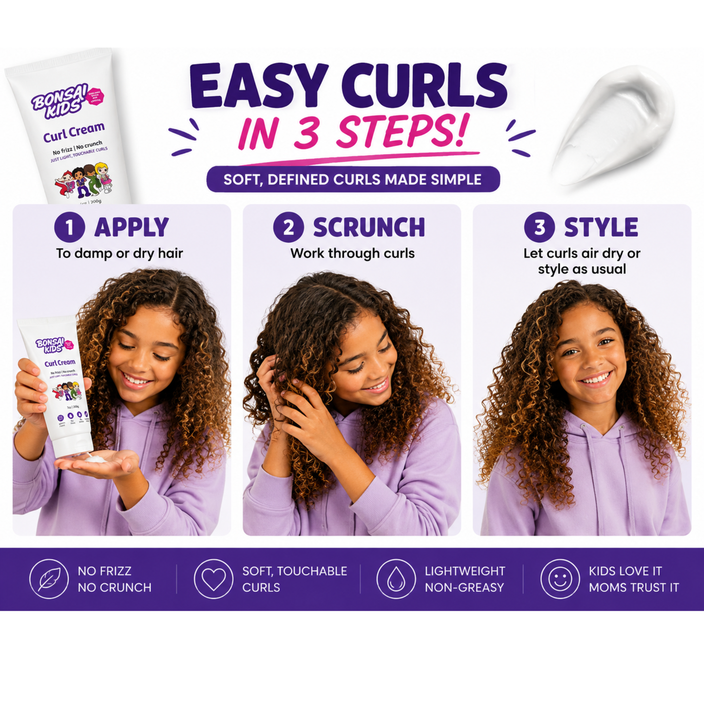 Bonsai Kids Curl Cream 7 oz - Curl Defining and Frizz Control for Toddlers, Girls & Boys - Moisturizing Leave-in Cream for Wavy Curly Biracial Hair - Gentle for Thin to Thick Hair Types