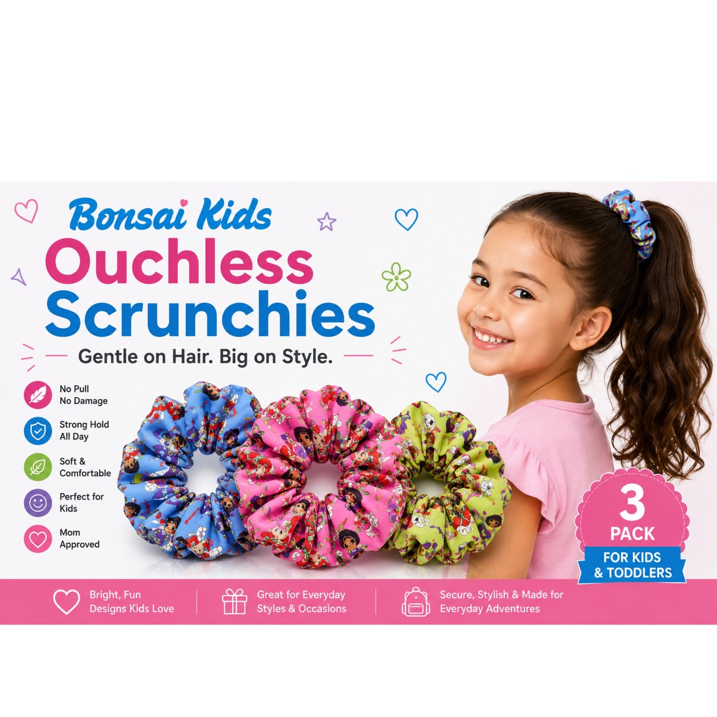 Bonsai Kids Girls Ouchless Scrunchies - 3 Pack No Damage Hair Ties for Toddlers & Kids - Gentle Elastic Ponytail Holders for Fine or Thick Hair - Soft Fabric Snag-Free Hair Accessories