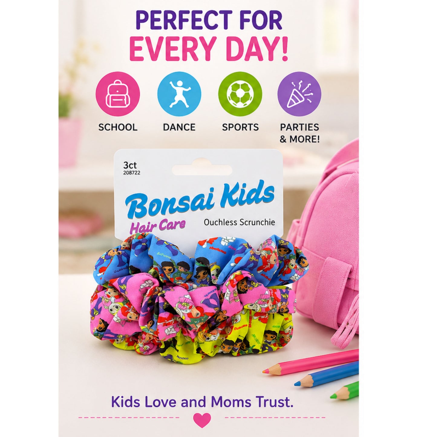 Bonsai Kids Girls Ouchless Scrunchies - 3 Pack No Damage Hair Ties for Toddlers & Kids - Gentle Elastic Ponytail Holders for Fine or Thick Hair - Soft Fabric Snag-Free Hair Accessories