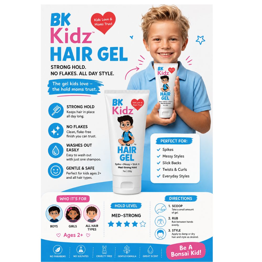 BK Kidz Hair Gel 7 oz – Strong Hold for Boys, Kids & Toddlers | Spike It, Messy It, Slick It Styling | Gentle, No Flake All-Day Hold with Fresh Blueberry Scent