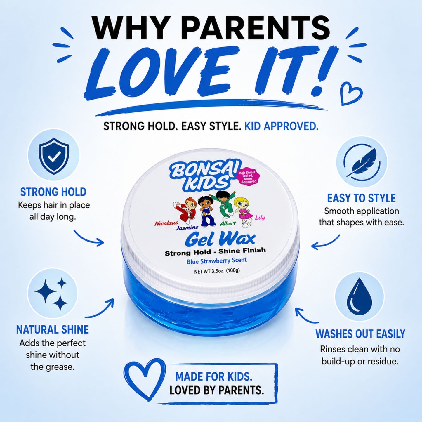 Bonsai Kids Boys Hair Gel Wax - Strong Hold for Toddlers & Kids, Tame Flyaways, Ponytails, Buns & All-Day Styles