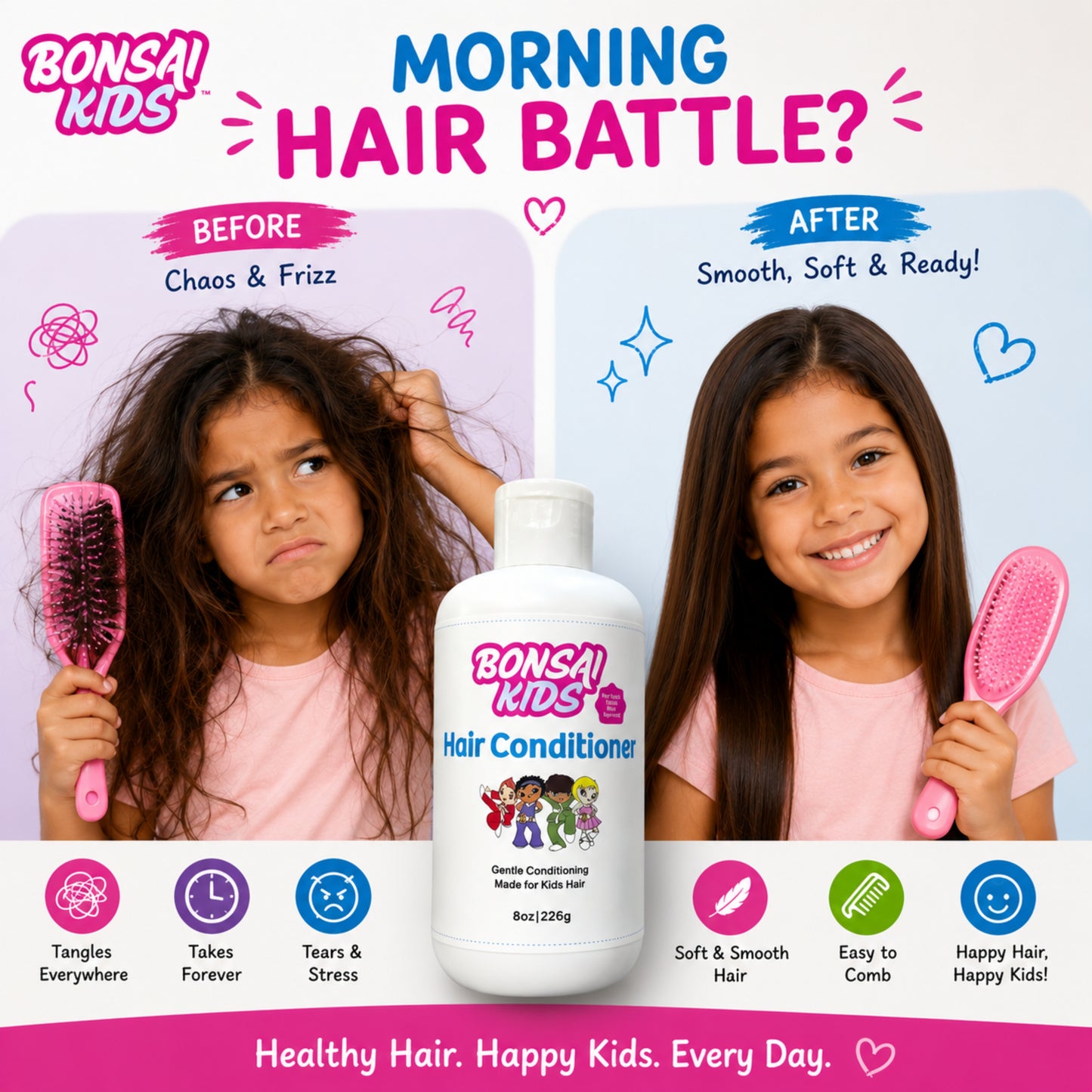 Bonsai Kids Hair Conditioner – Tear-Free Daily Moisturizing Conditioner for Kids & Toddlers | Soft, Tangle-Free Hair for All Hair Types (8 oz)