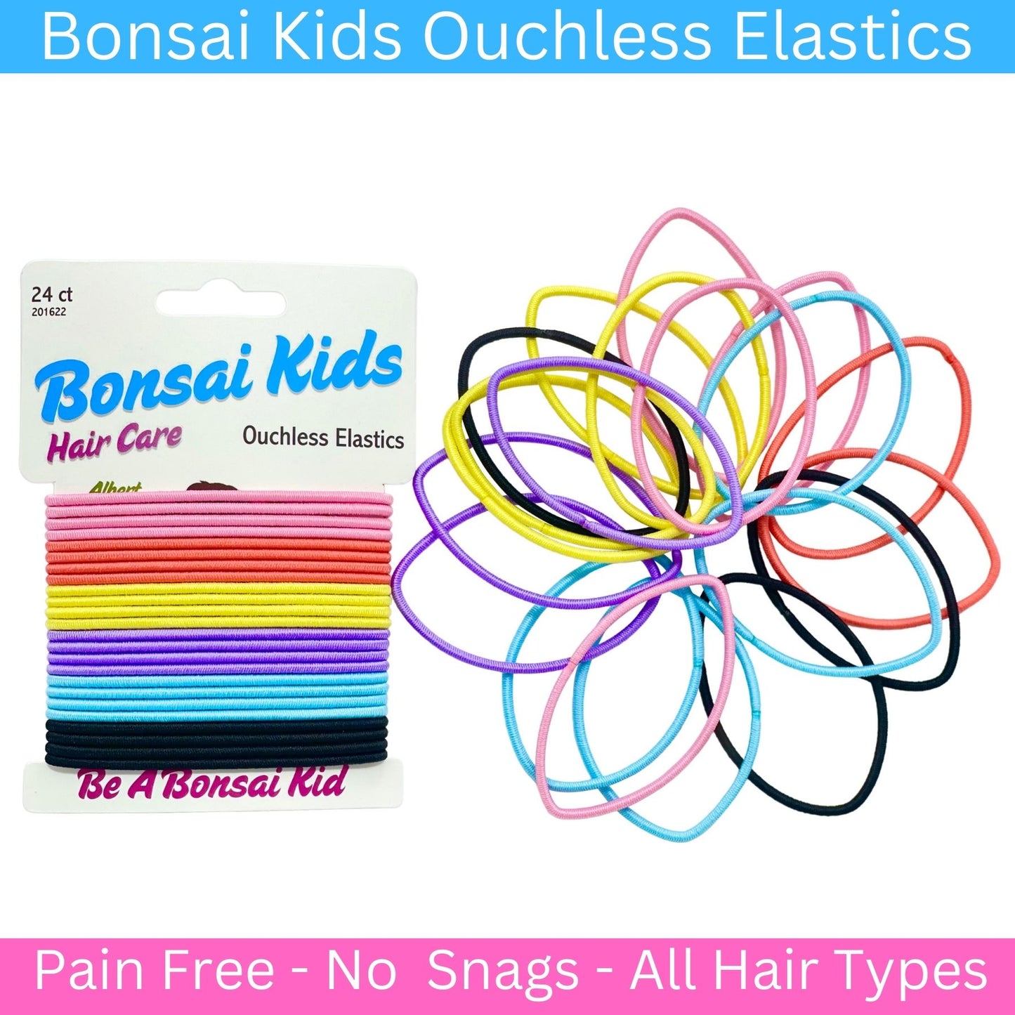  Bonsai Kids Ouchless Elastics—shop now for what every girl wants: a pretty and unique hairstyle. Style their hair in comfort with maximum flexibility and hold, perfect for everything from messy buns to sleek ponytails. The braided design and thick inner core ensure durability and comfort.
