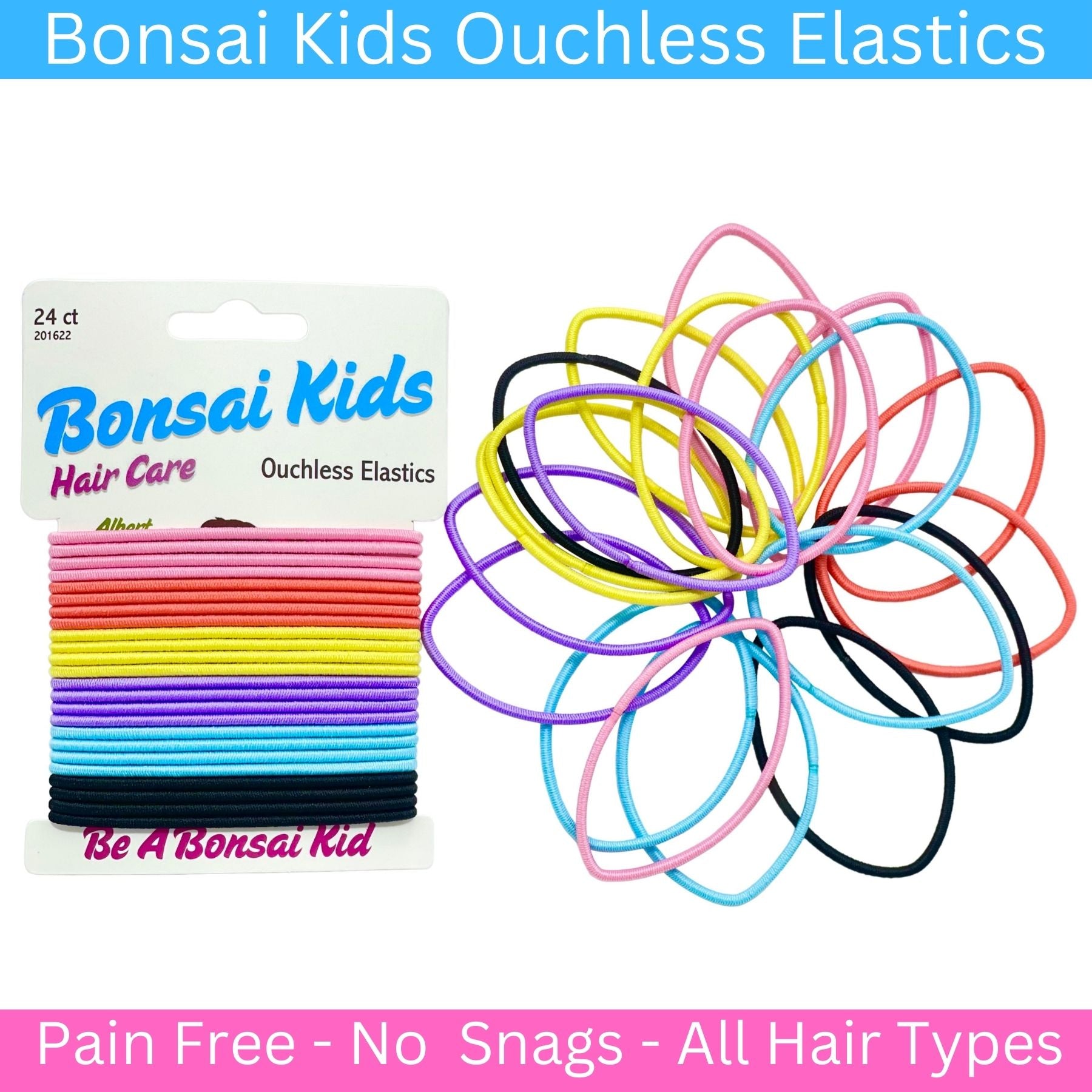  Bonsai Kids Ouchless Elastics—shop now for what every girl wants: a pretty and unique hairstyle. Style their hair in comfort with maximum flexibility and hold, perfect for everything from messy buns to sleek ponytails. The braided design and thick inner core ensure durability and comfort.