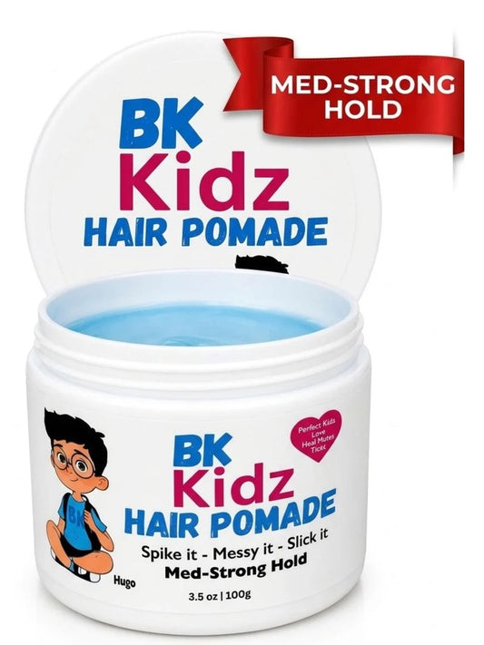 Boys Hair Pomade BK Kidz 3.5 oz - Strong Hold Gentle Formula for Kids Toddlers, Water-Based Easy Washout, Long-Lasting Styling