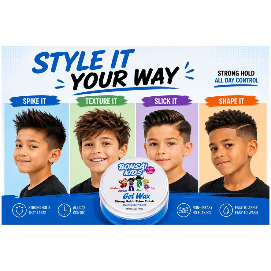 Bonsai Kids Boys Hair Gel Wax - Strong Hold for Toddlers & Kids, Tame Flyaways, Ponytails, Buns & All-Day Styles