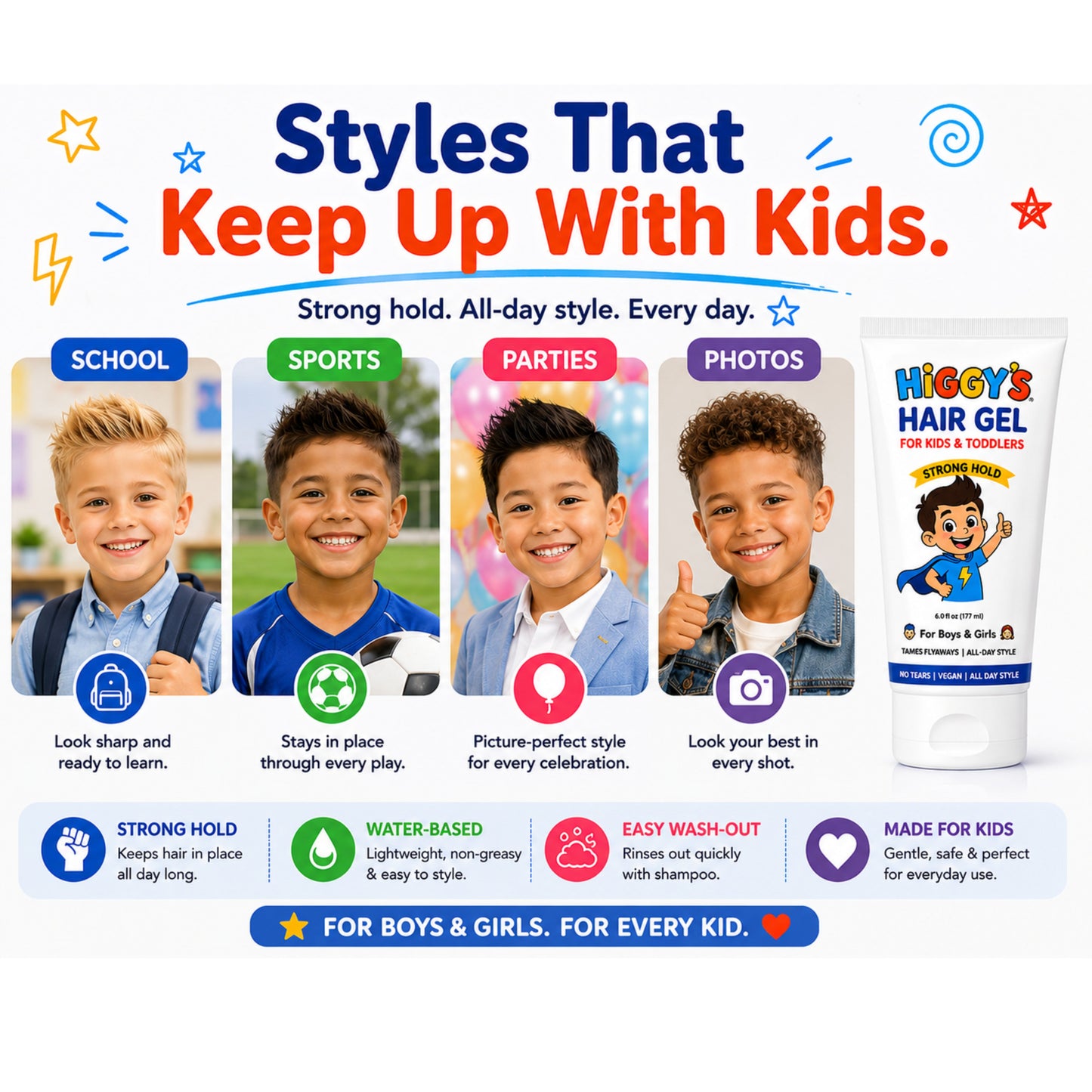 Higgy’s Kids Hair Gel Strong Hold 6oz – Water-Based Hair Styling Gel for Boys and Girls – Tames Flyaways, Non-Flaking, Easy Wash-Out Hair Gel for Toddlers and Kids