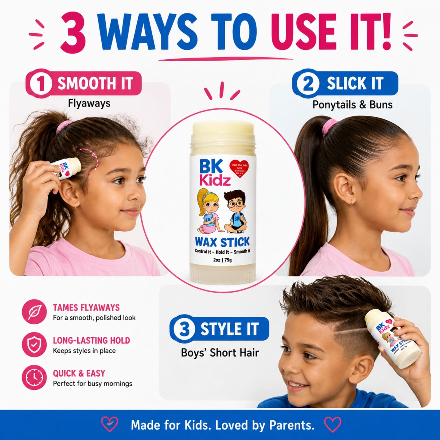 BK Kidz Hair Wax Stick for Kids, Tames Flyaways & Baby Hairs, Smooths Ponytails, Buns & Slick Back Styles, Easy Hair Styling Wax for Boys & Girls, 2oz
