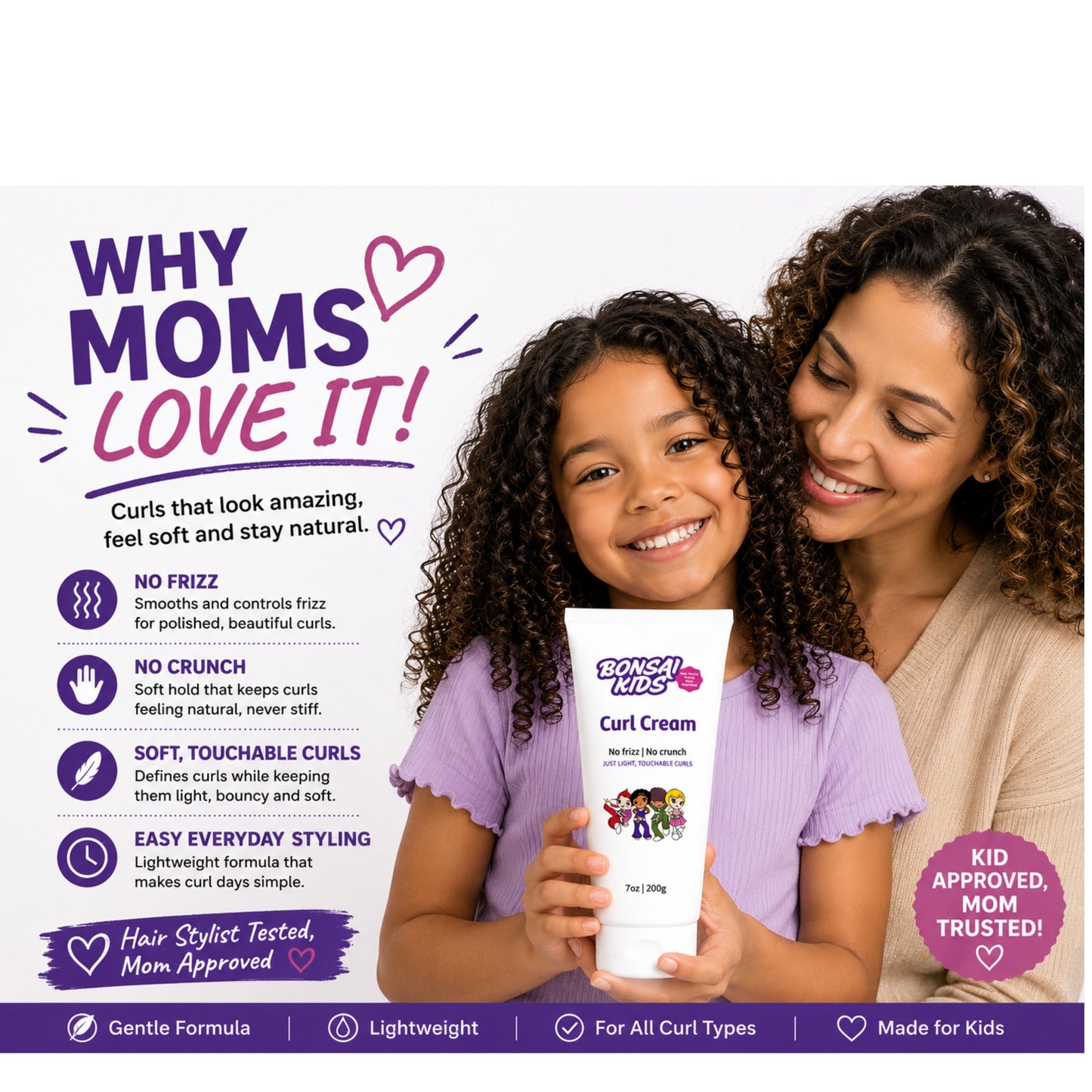 Bonsai Kids Curl Cream 7 oz - Curl Defining and Frizz Control for Toddlers, Girls & Boys - Moisturizing Leave-in Cream for Wavy Curly Biracial Hair - Gentle for Thin to Thick Hair Types