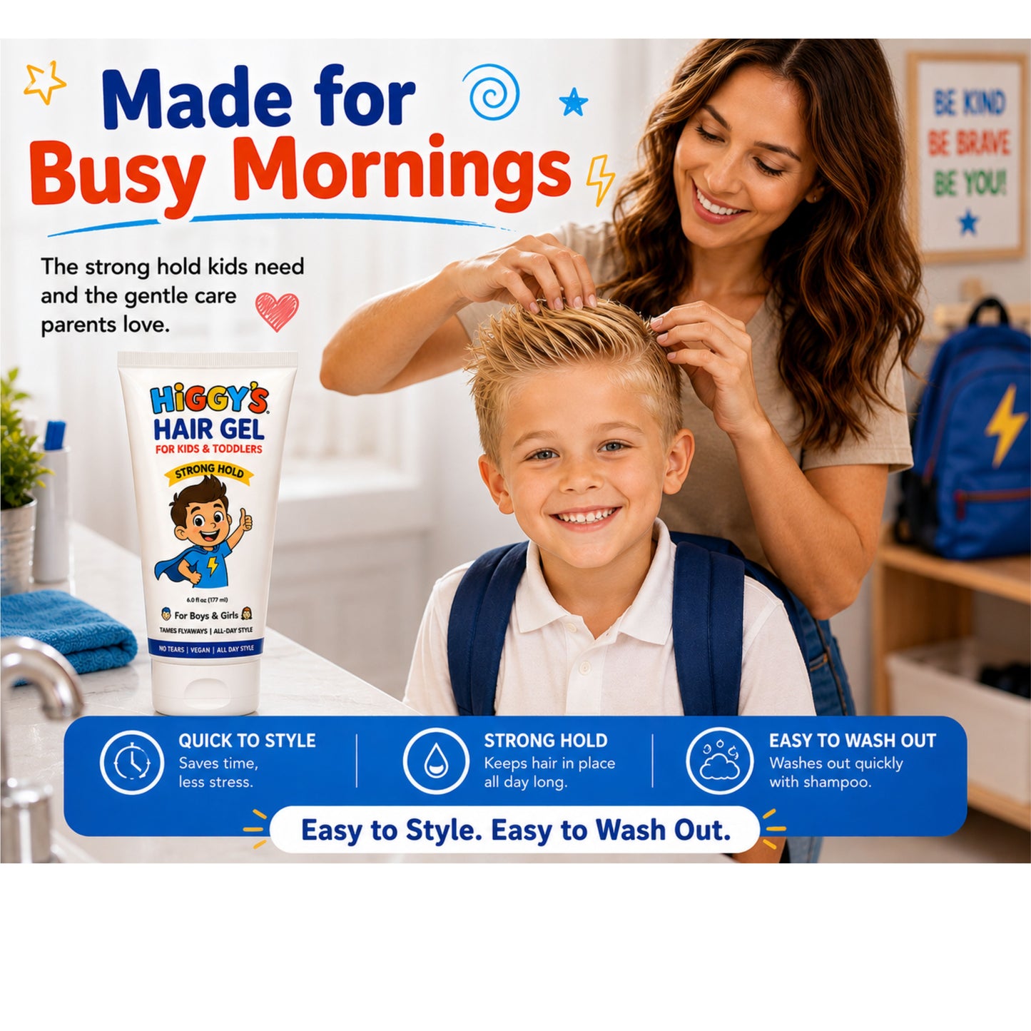 Higgy’s Kids Hair Gel Strong Hold 6oz – Water-Based Hair Styling Gel for Boys and Girls – Tames Flyaways, Non-Flaking, Easy Wash-Out Hair Gel for Toddlers and Kids