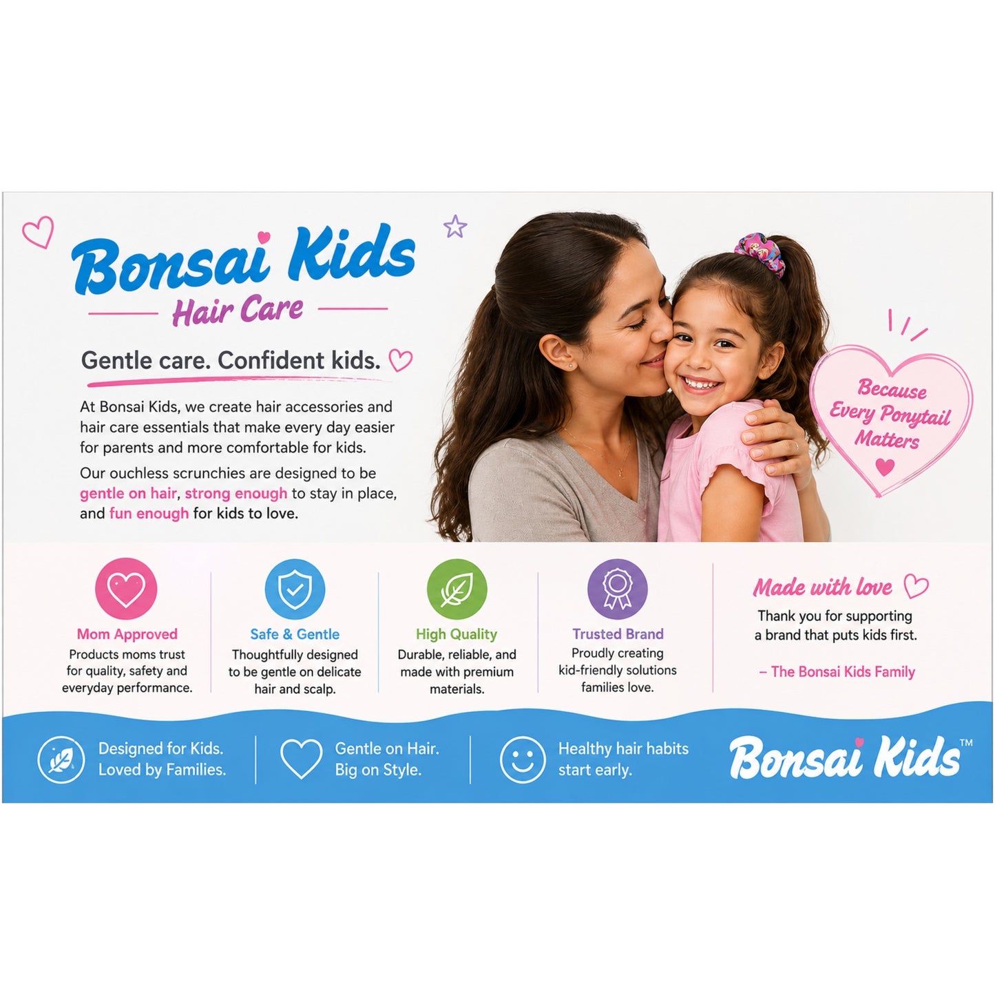 Bonsai Kids Girls Ouchless Scrunchies - 3 Pack No Damage Hair Ties for Toddlers & Kids - Gentle Elastic Ponytail Holders for Fine or Thick Hair - Soft Fabric Snag-Free Hair Accessories