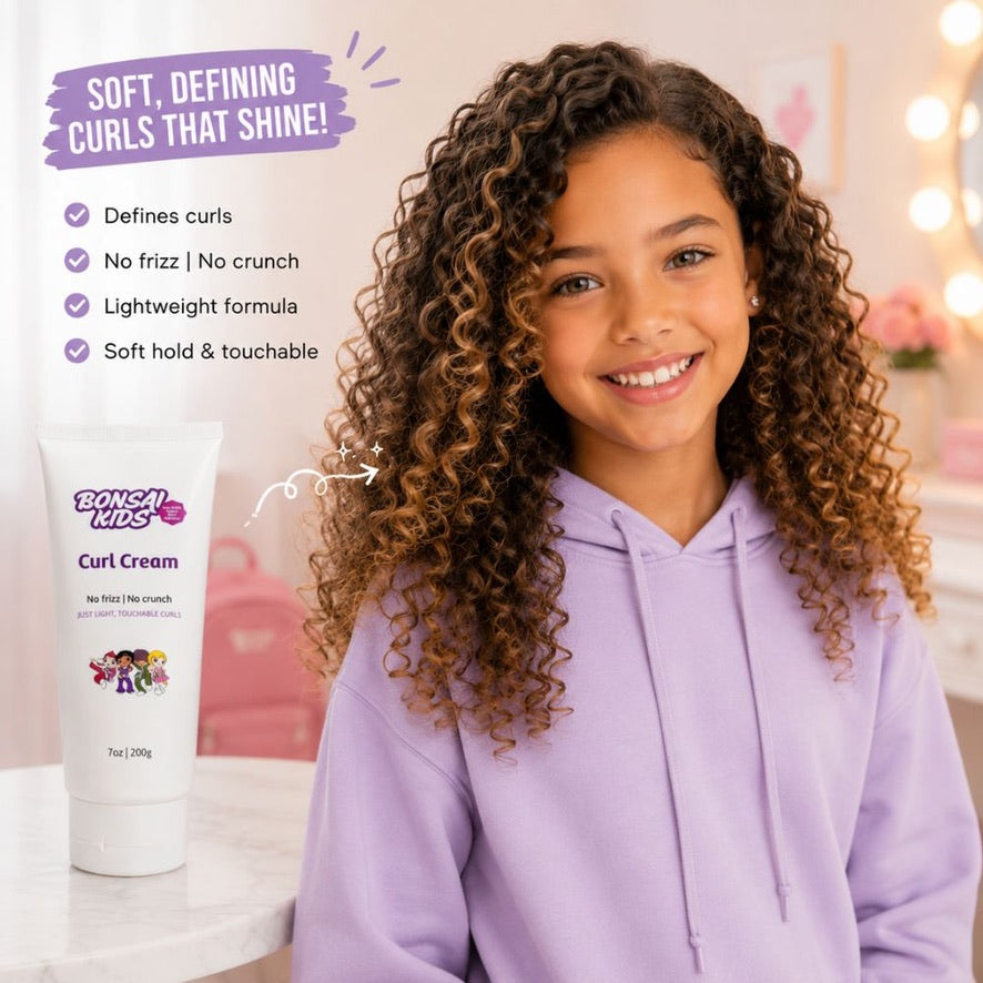 Bonsai Kids Curl Cream 7 oz - Curl Defining and Frizz Control for Toddlers, Girls & Boys - Moisturizing Leave-in Cream for Wavy Curly Biracial Hair - Gentle for Thin to Thick Hair Types