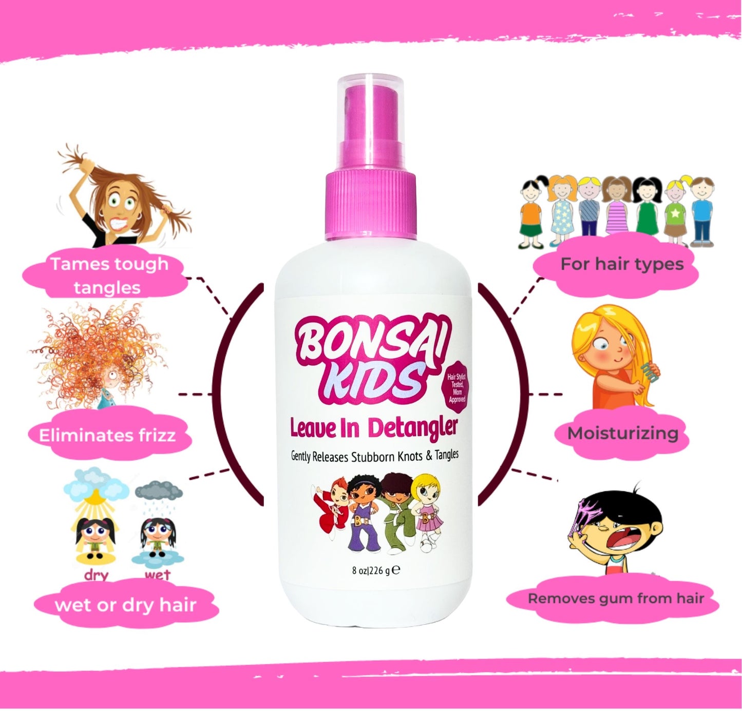 but Bonsai Kids Detangler Spray - Perfect for taming tough tangles and preventing knots. Use regularly for manageable, tangle-free hair. Ideal for all hair types.