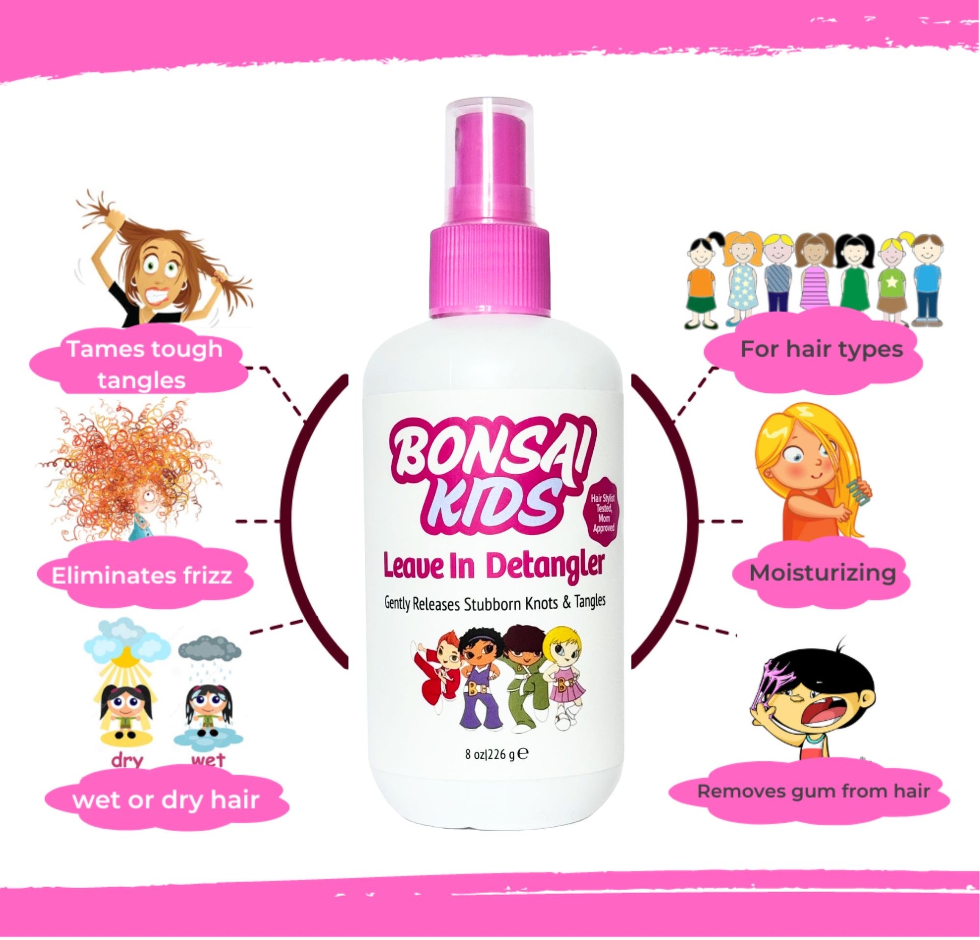 but Bonsai Kids Detangler Spray - Perfect for taming tough tangles and preventing knots. Use regularly for manageable, tangle-free hair. Ideal for all hair types.