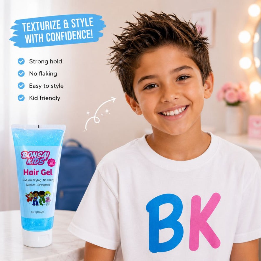 Child wearing a shirt with 'BK' on it, next to a bottle of Bonsai Kids hair gel.