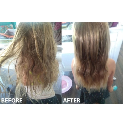 Before and after comparison of a child's hair with a visible transformation.