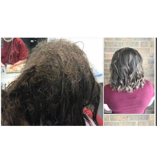 Before and after comparison of hair styling with a person in a red shirt and another with styled hair against a brick wall.