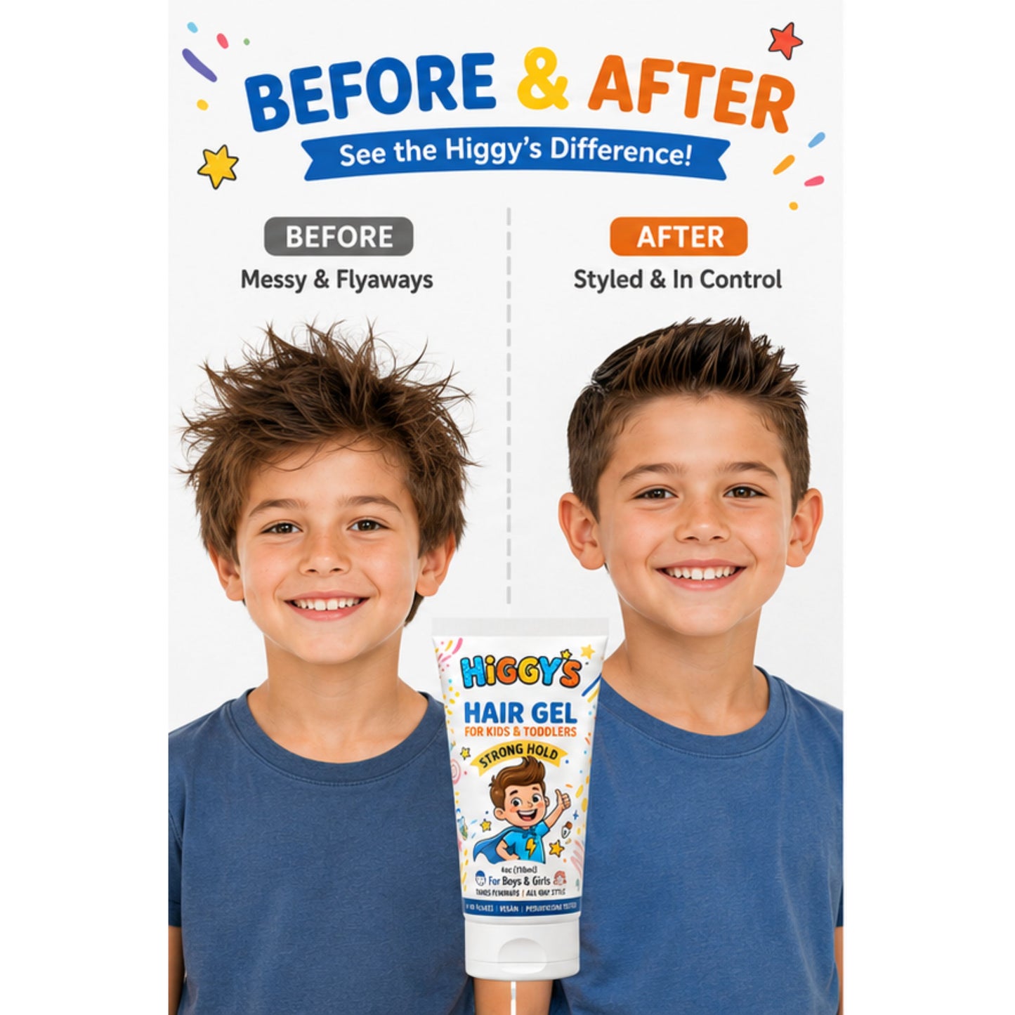 Higgy’s Kids Hair Gel Strong Hold 6oz – Water-Based Hair Styling Gel for Boys and Girls – Tames Flyaways, Non-Flaking, Easy Wash-Out Hair Gel for Toddlers and Kids