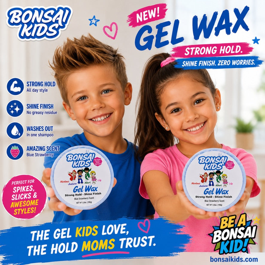 Two children holding round containers of BONSAI KIDS Gel Wax against a bright indoor background, with large promotional text and feature callouts around them.