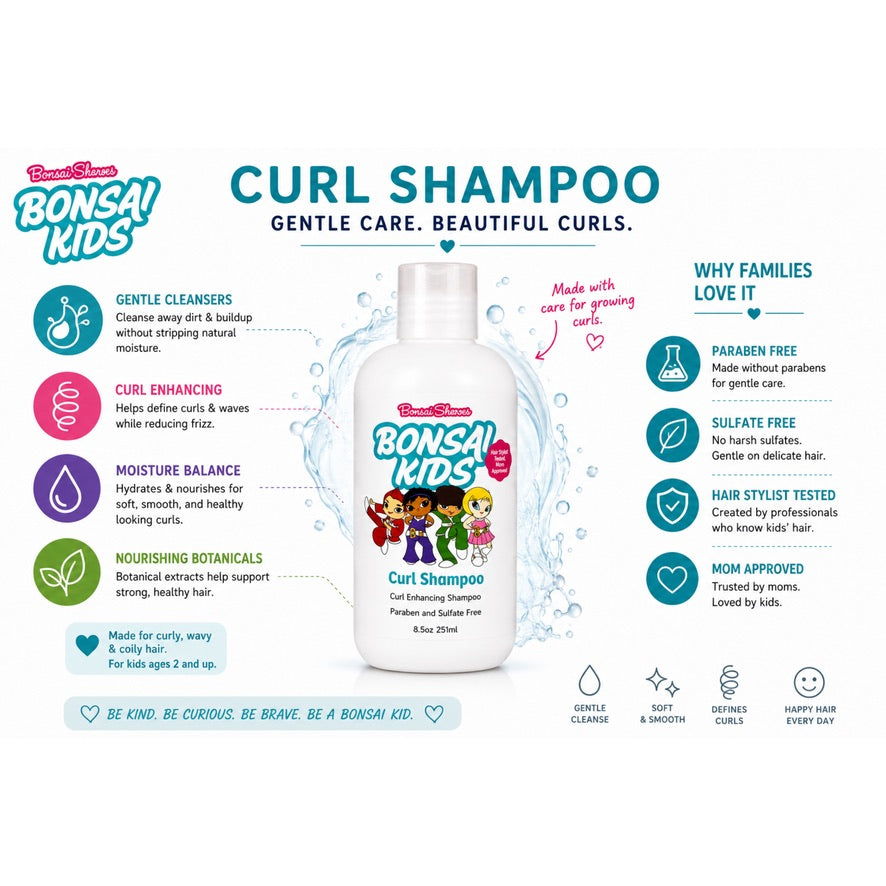 Bonsai Kids Curl Shampoo bottle centered on a light blue infographic background with product details, icons, and marketing text. The bottle is white with blue branding and multicolored character graphics on the label.