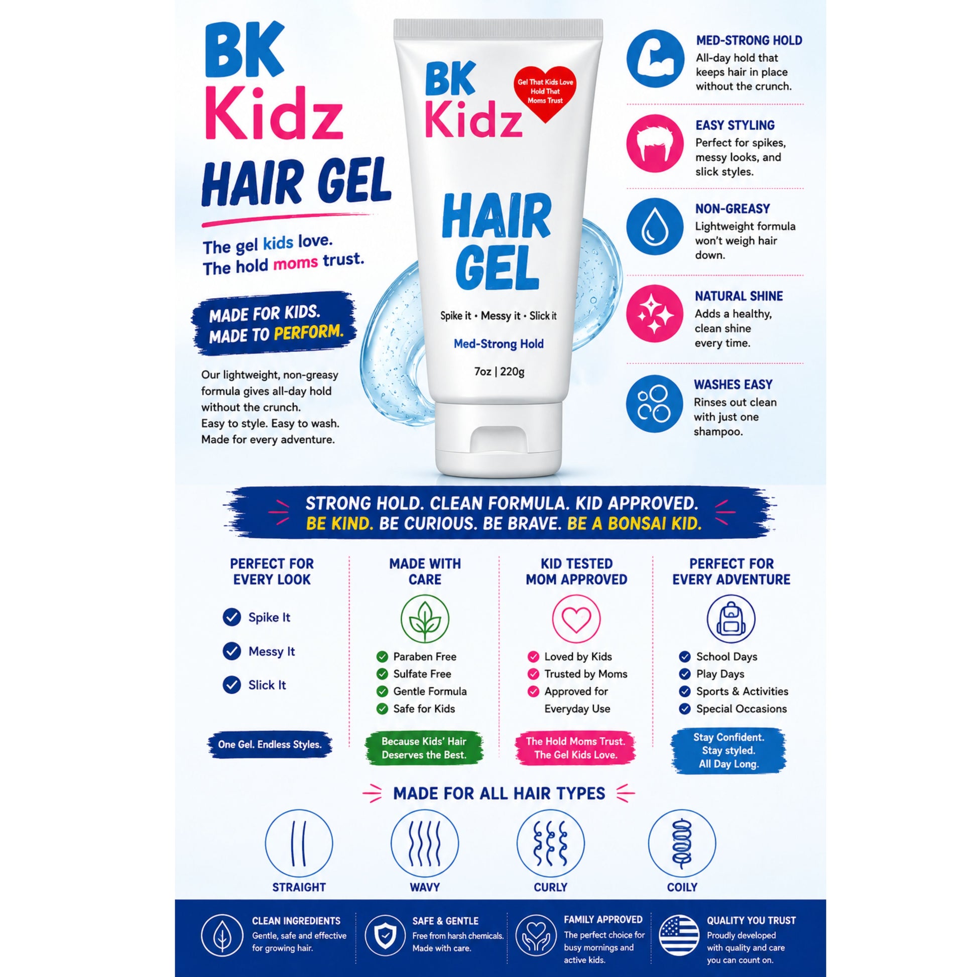 An informational product poster for BK Kidz Hair Gel, featuring a central tube of the hair gel with a blue cap and a red heart logo, surrounded by feature callouts, icons, and product benefits on a white background.