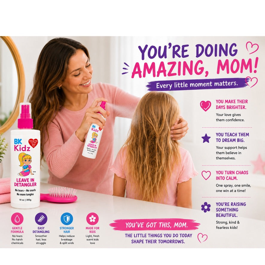 A promotional lifestyle graphic for BK Kidz Leave In Detangler. A smiling woman with long brown hair sprays detangler from a white bottle with a pink nozzle onto her child's long blonde hair.