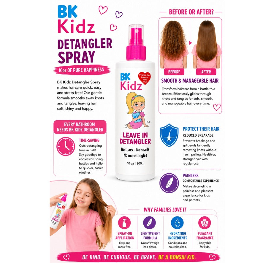 A promotional infographic for BK Kidz Detangler Spray, showing the white spray bottle with a pink nozzle, before-and-after hair results, product benefits, and a child holding the bottle.