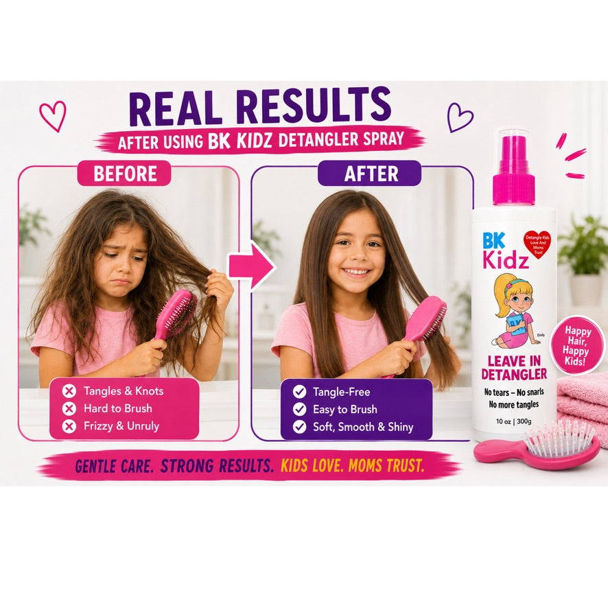 A promotional graphic for BK Kidz Detangler Spray showing a before-and-after comparison with a young girl brushing her hair. The left 'Before' panel shows tangled, frizzy hair, and the right 'After' panel shows smooth, shiny hair.