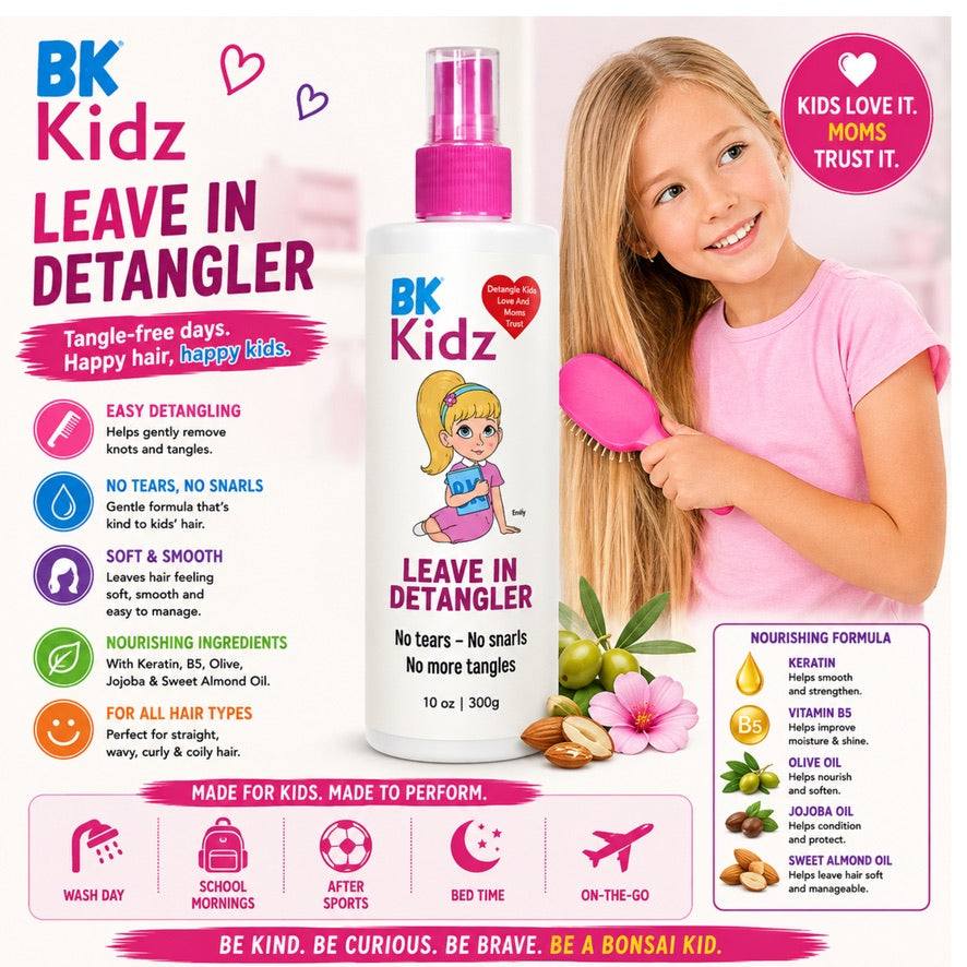 A promotional product image for BK Kidz Leave In Detangler. The white bottle with pink spray nozzle is centered, with a young girl in a pink shirt holding a pink detangling brush on the right.