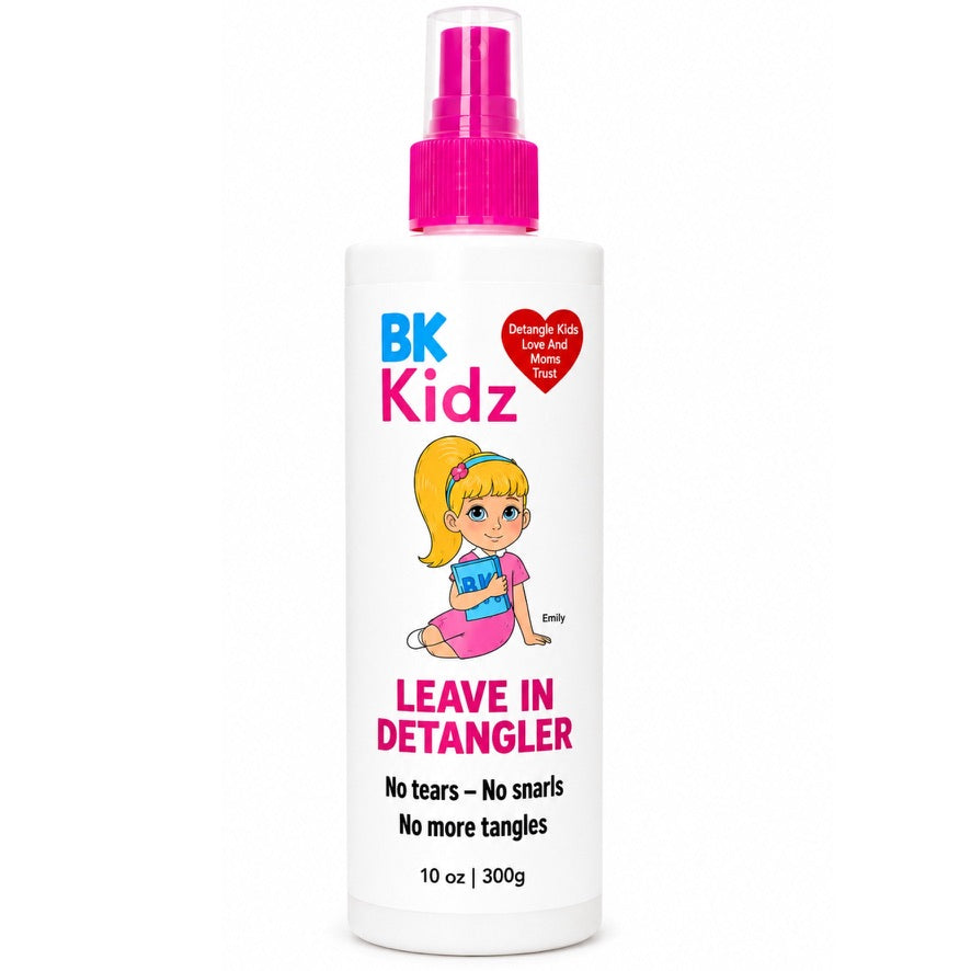 A 10 oz white plastic spray bottle of BK Kidz Leave In Detangler with a bright pink spray nozzle. The label features a cartoon illustration of a blonde girl and text stating 'LEAVE IN DETANGLER' and 'No tears - No snafis - No more tangles'.
