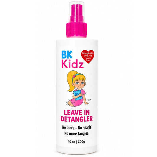 A 10 oz white plastic spray bottle of BK Kidz Leave In Detangler with a bright pink spray nozzle. The label features a cartoon illustration of a blonde girl and text stating 'LEAVE IN DETANGLER' and 'No tears - No snafis - No more tangles'.