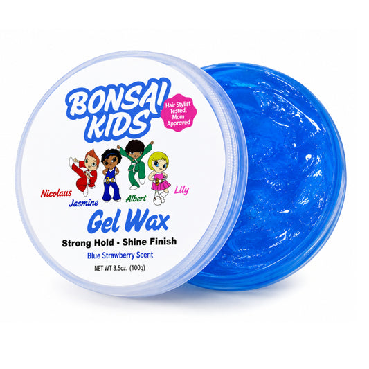 A round plastic tub of blue gel wax with its lid placed in front, showing the brand name 'BONSAI KIDS' and product text on a white background.