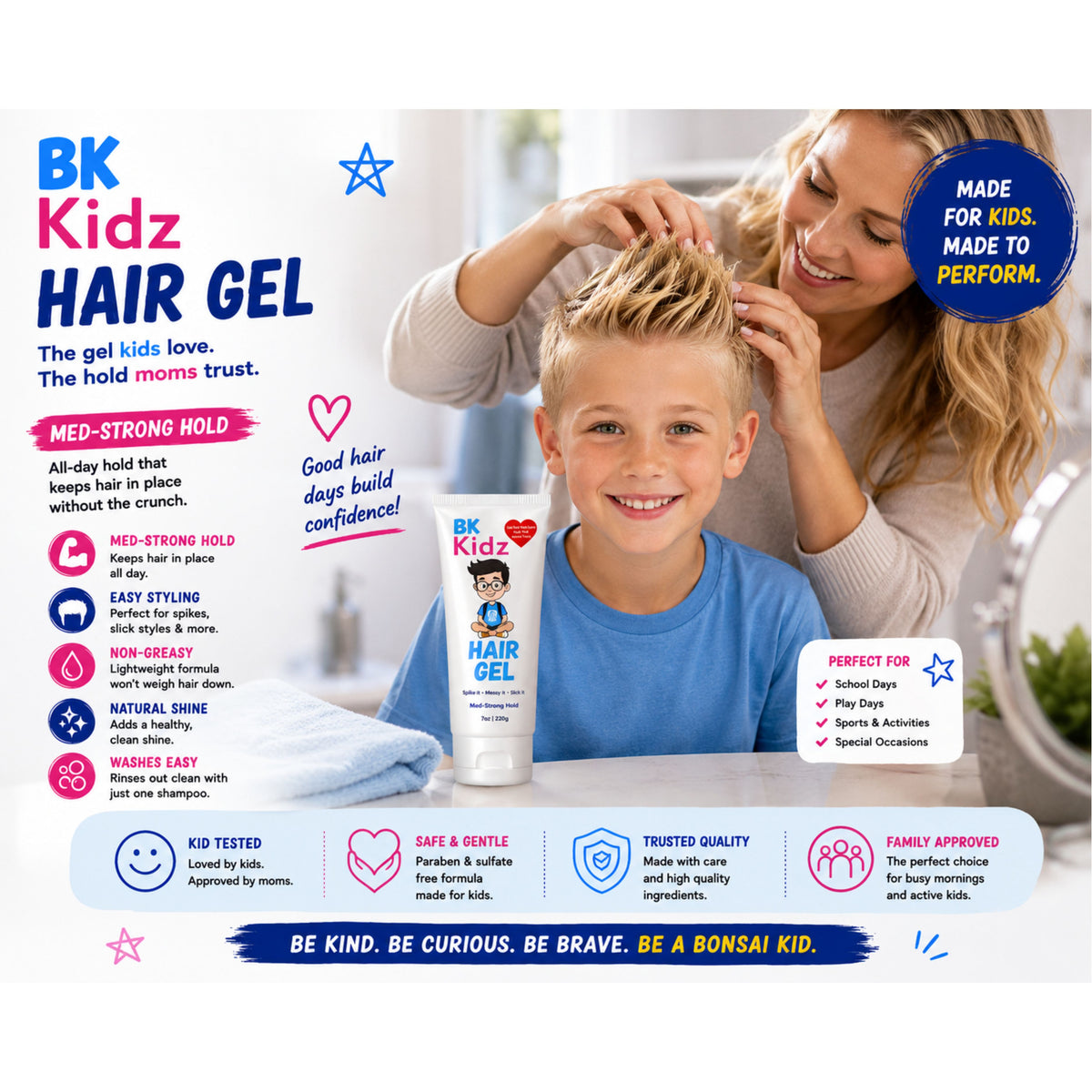 A promotional ad for BK Kidz Hair Gel showing a woman and a young boy with styled hair, alongside the hair gel tube and several feature callouts on a white background.