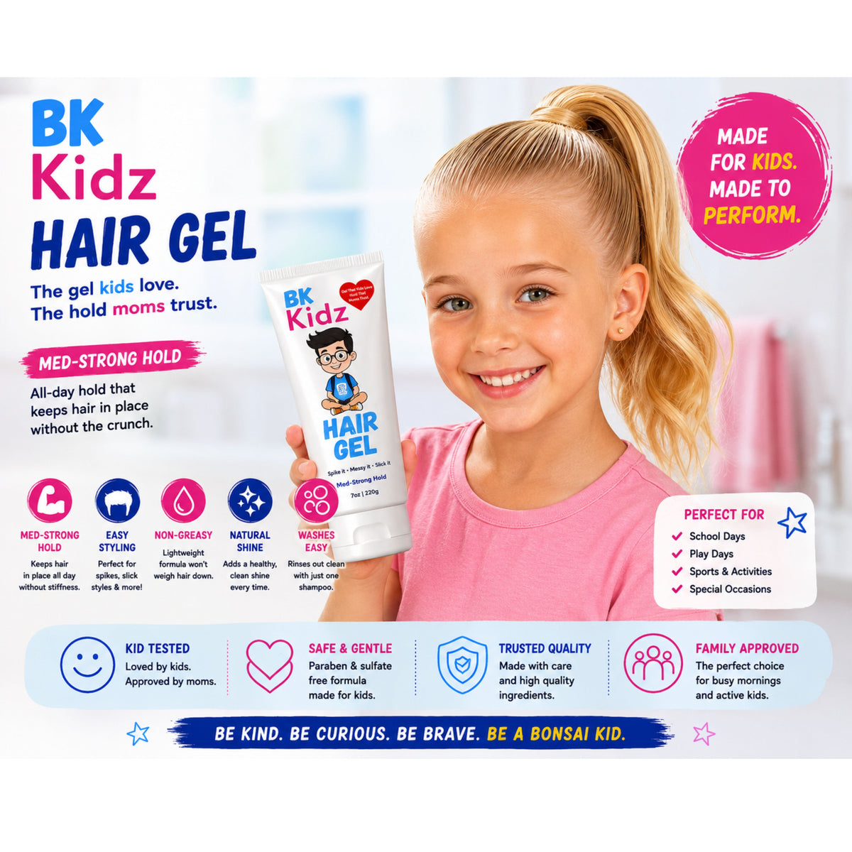 A young girl with blonde hair holds a tube of BK Kidz Hair Gel against a bright, soft-focus background. The image is a promotional graphic with text highlighting the product's features, benefits, and suitability for kids.