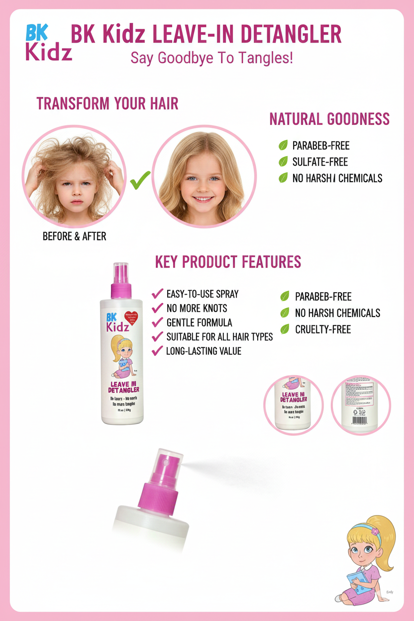 Advertisement for BK Kidz Leave-In Detangler with before and after images, product features, and branding.