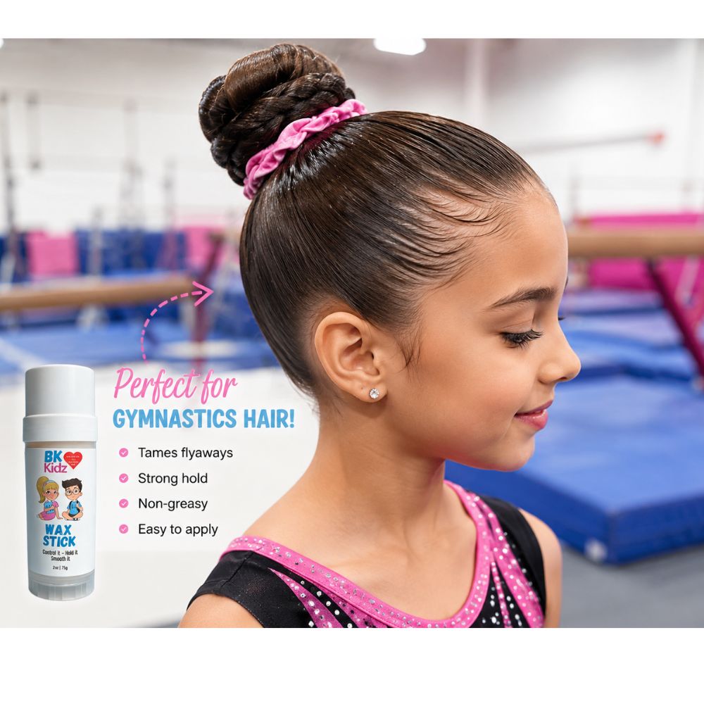 Girl with styled hair in a bun with a pink hair tie, next to a bottle of BK Kids Wax Stick in a gym setting.