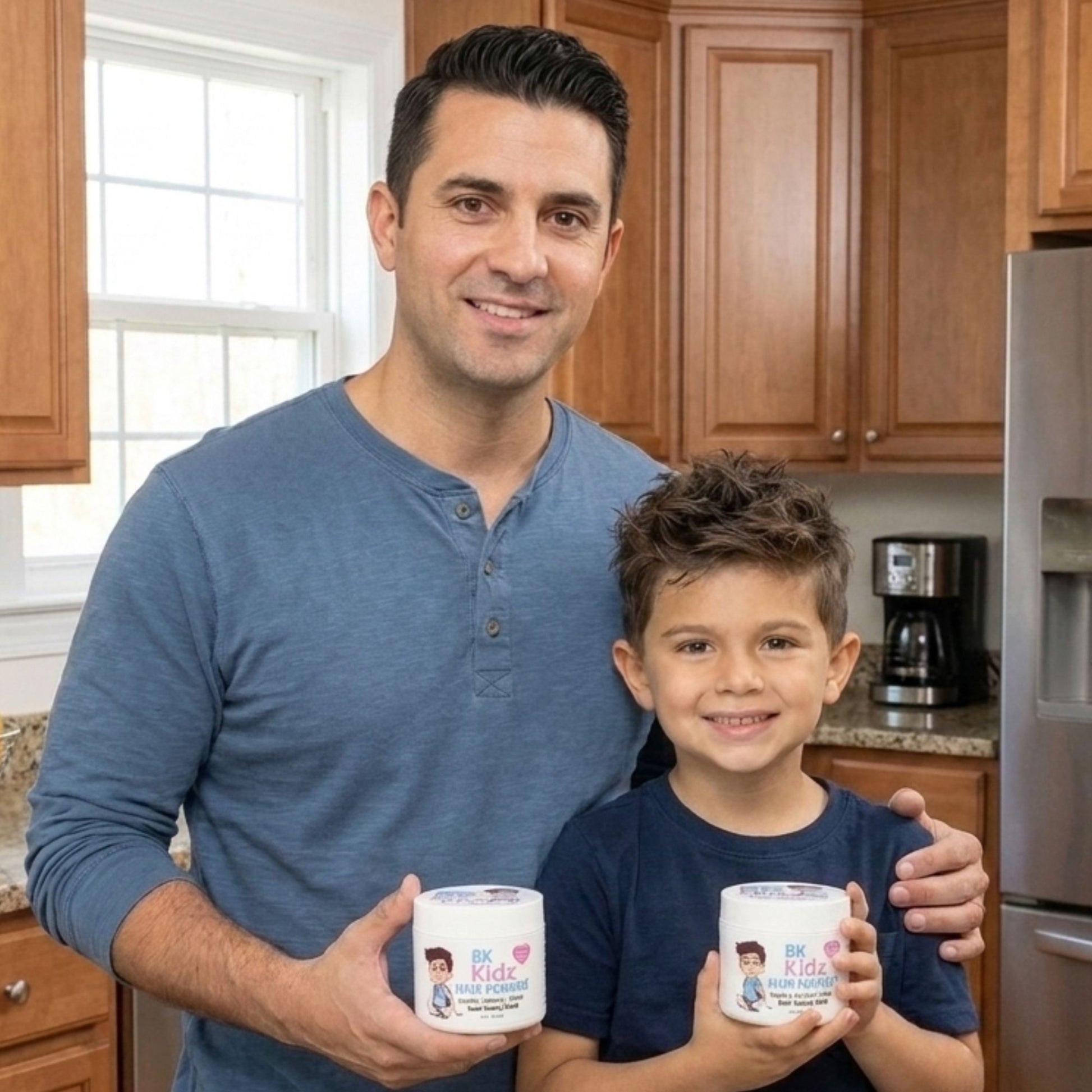 Man and child holding yogurt containers in a kitchen