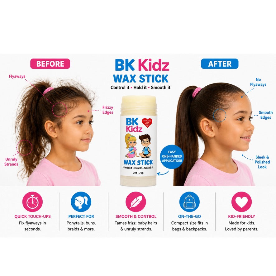 Before and after comparison of a young girl's hair styled with BK Kidz Wax Stick, showing flyaways, frizzy edges, and unruly strands on the left, and smooth, sleek, polished hair on the right. The product container is shown in the center with feature callouts below.
