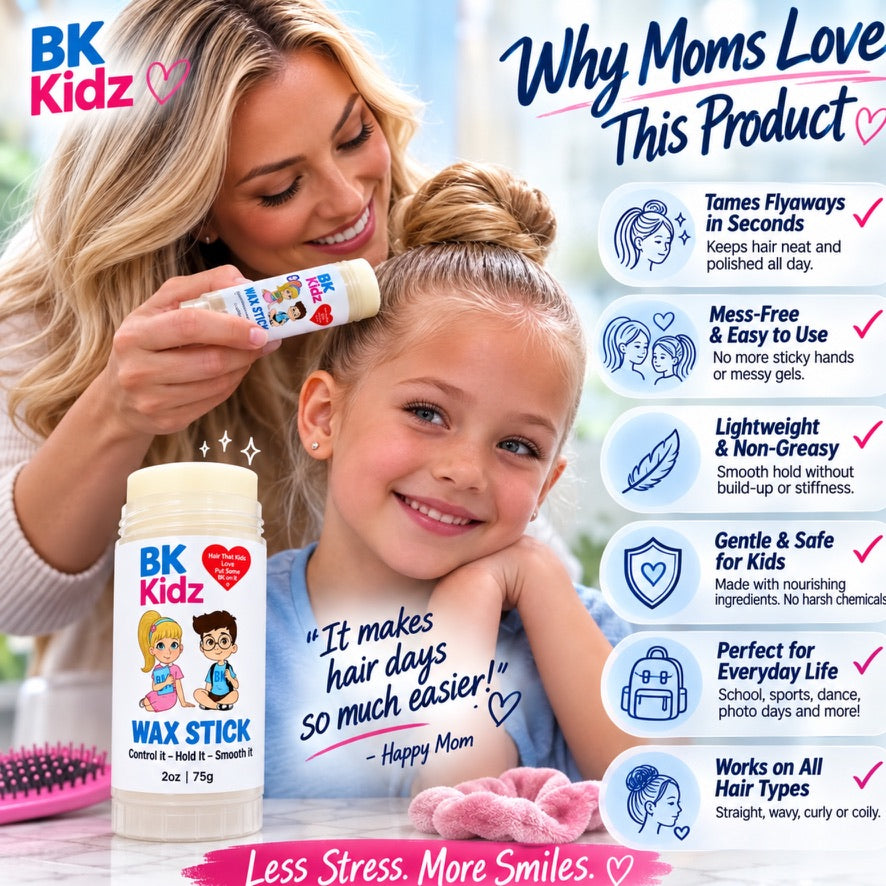 A woman and a young girl are shown using and smelling a BK Kidz wax stick, with the product bottle displayed in the foreground and marketing text and icons on the right explaining benefits.